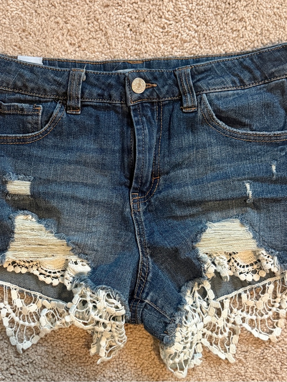 Almost Famous Dark Blue Distressed Denim Shorts with White Lace